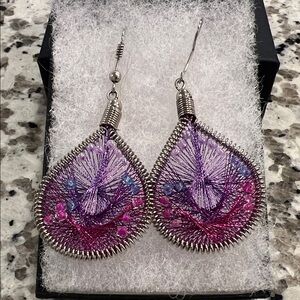 Handmade Silver Wire and Purple and Pink Thread Teardrop Earrings